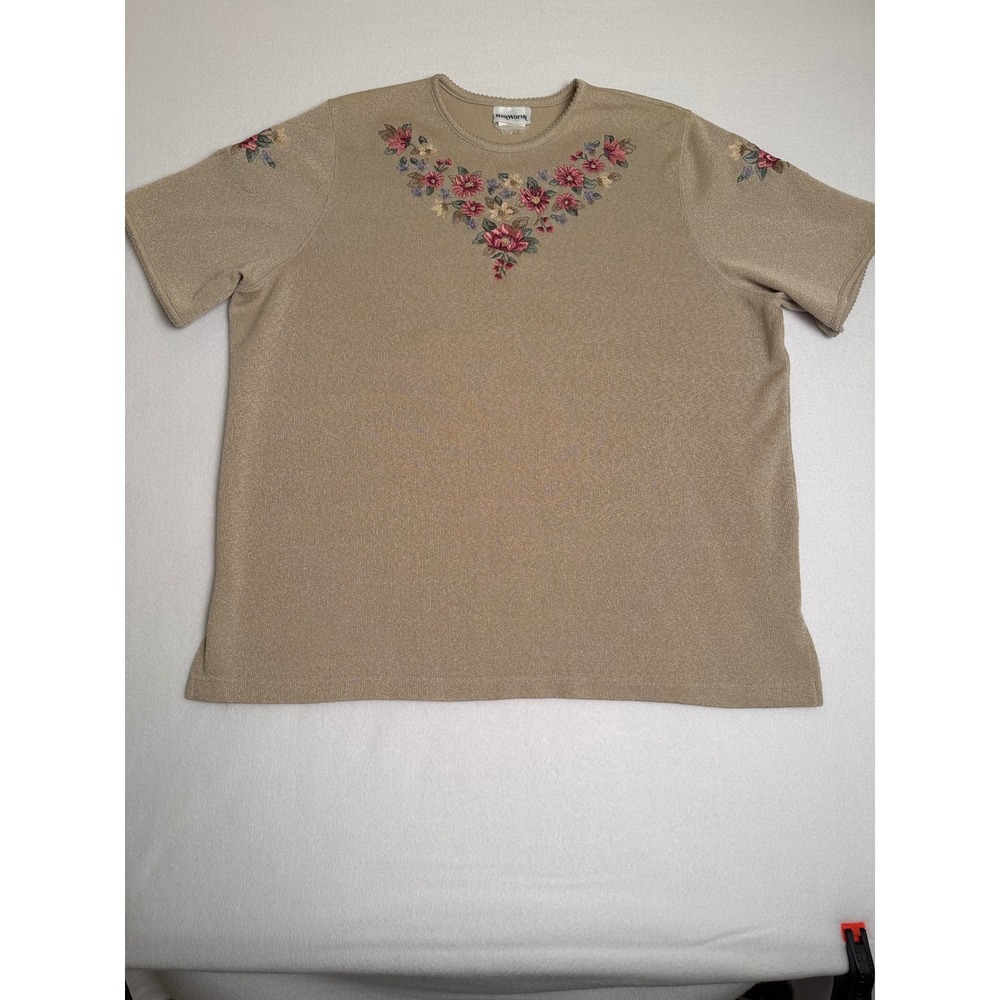 BonWorth Vintage Gold Metallic Knit Floral Embroidered Short Sleeve Top XL